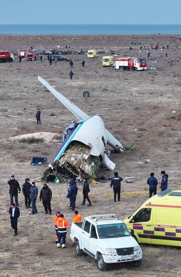 A drone view shows the crash site of a passenger plane near Aktau